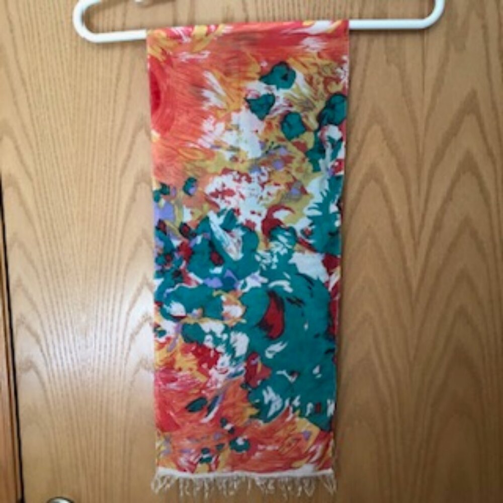 3/$15 Vintage Oblong Silk Scarf White Fringe Abstract Arty Summer Floral Colors